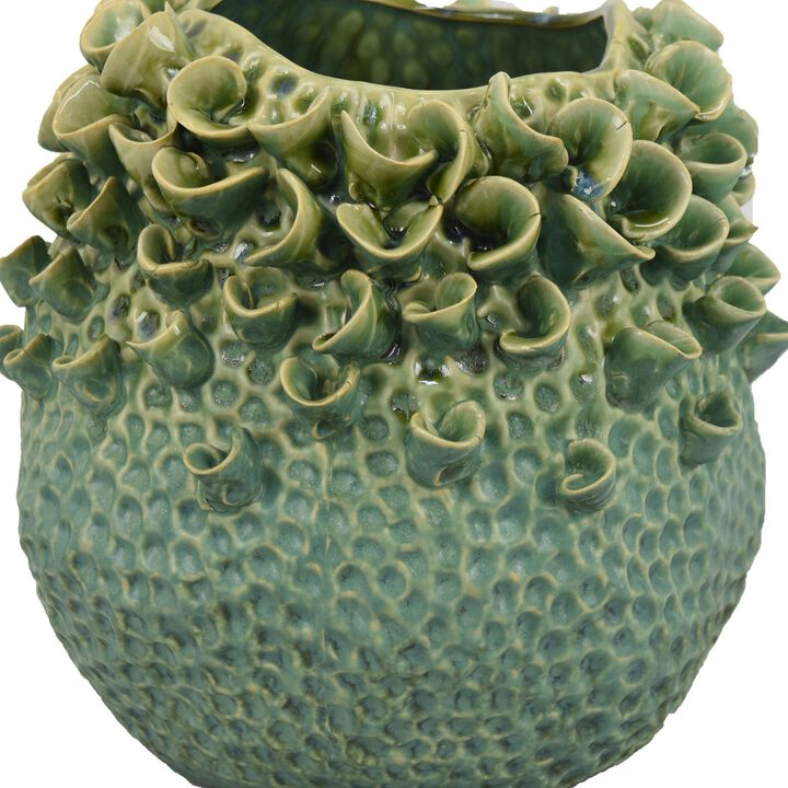 Nina Vase, Green Ceramic, Textured Accents, Abstract Floral 11 Inch - Benzara
