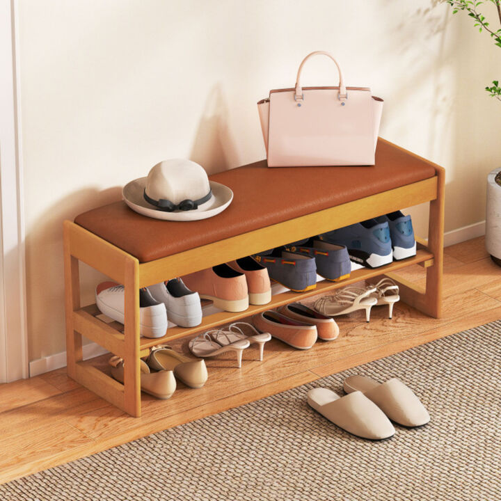 Entryway Shoe Rack Bench with 2-Tier Shelf and Hidden Storage Seat