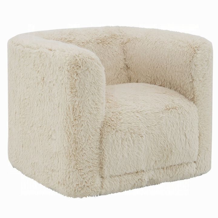 Savoir Swivel Accent Chair, Modern Soft Furry Beige Fabric, Round Arms