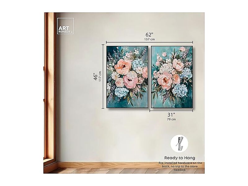 Blush Pink Whimsy 2 Panel Set Canvas Floral Wall Decor Black Frame 30 X 45 Inch image number 3