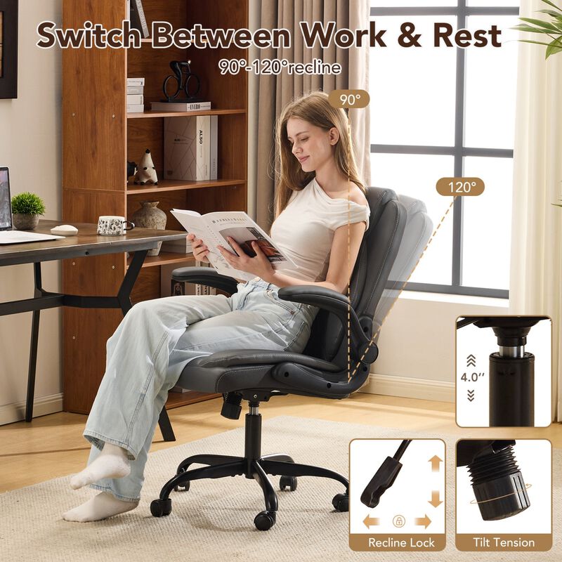 Ergonomic Leather Office Chair with Flip-Up Armrests, Lumbar Support, Swivel & Rocking &ndash; Home Office Desk Chair image number 1