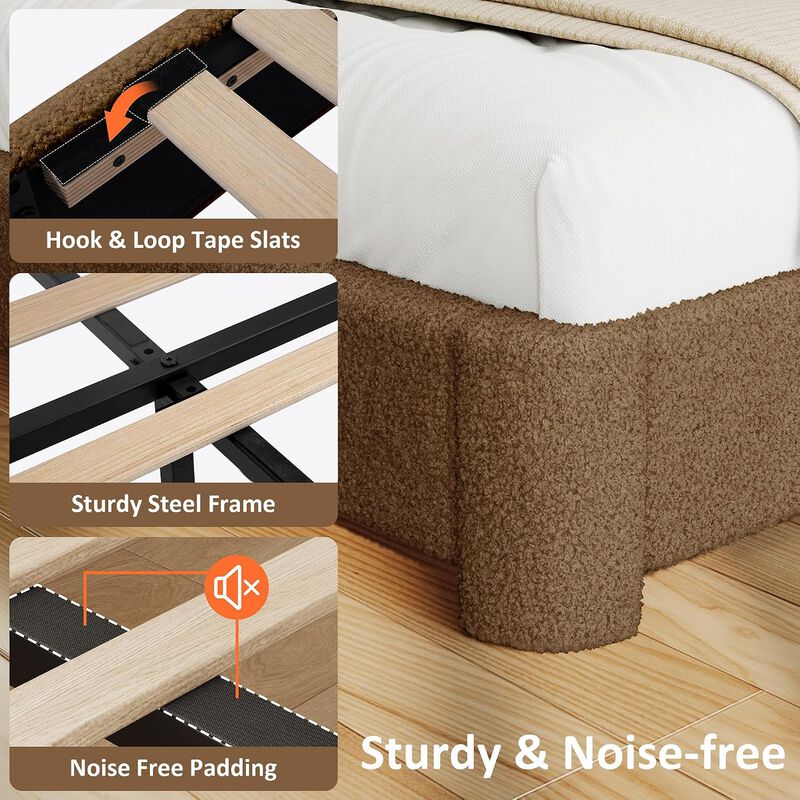 Vipbear Upholstered Boucle Platform Bed Frame with Adjustable Wide Headboard, Wooden Slats, Coffee image number 4