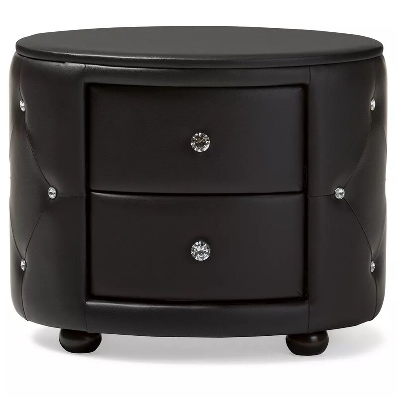 Baxton Studio Glamour Style Oval 2-Drawer Black Faux Leather Upholstered Nightstand