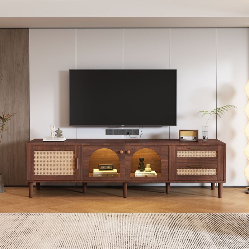 Merax Smart TV Cabinet with RGB LED Lighting, Rattan Doors, 2 Drawers, Closed Cabinet & Glass image number 6