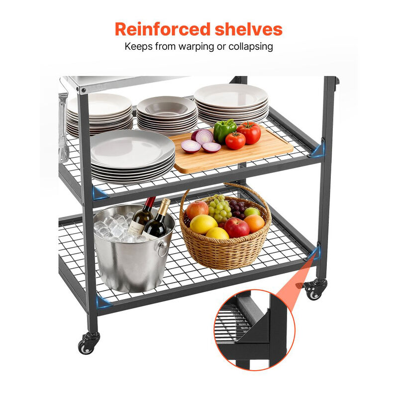 Outdoor Grill Cart with Stainless Steel Top 4 Wheels and Mesh Shelves image number 4