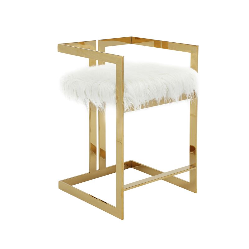 Suki 26 Inch Counter Height Chair, White Faux Fur, Gold Cantilever Base - Benzara