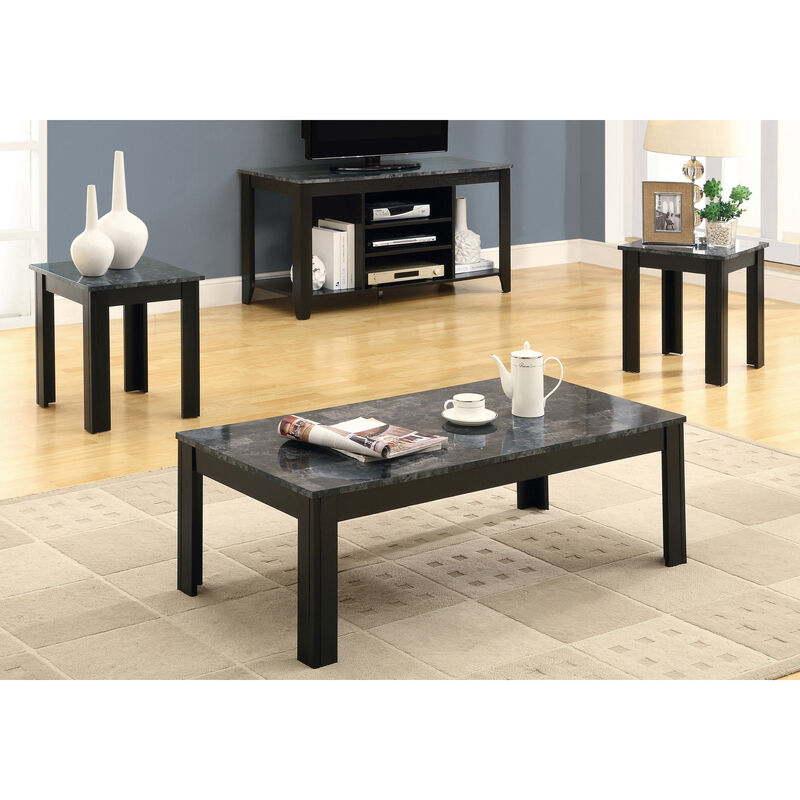 Monarch Specialties I 7843P Table Set, 3pcs Set, Coffee, End, Side, Accent, Living Room, Laminate, Grey Marble Look, Black, Transitional