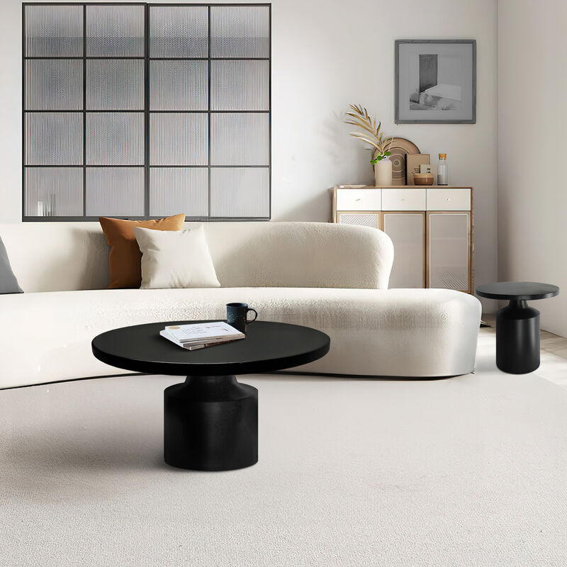 Zoe 30 Inch Round Coffee Table with Pedestal Base, Sleek Modern Silhouette, Matte Black Powder Coated Metal