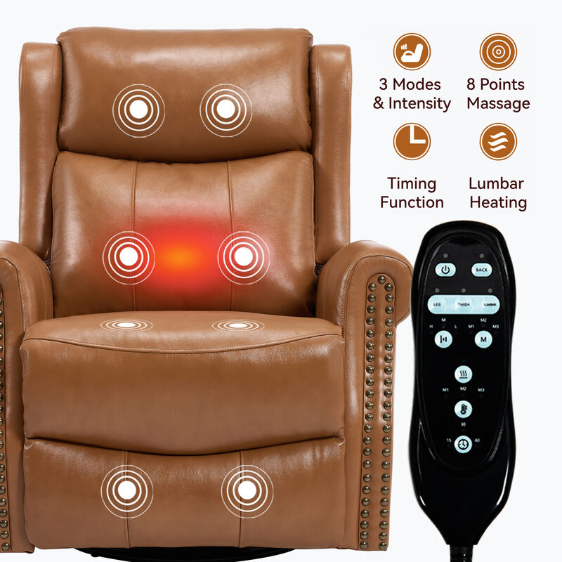 Genuine leather Heat Massage Manual Recliner Chair with Rocker and Swivel for Living Room image number 4