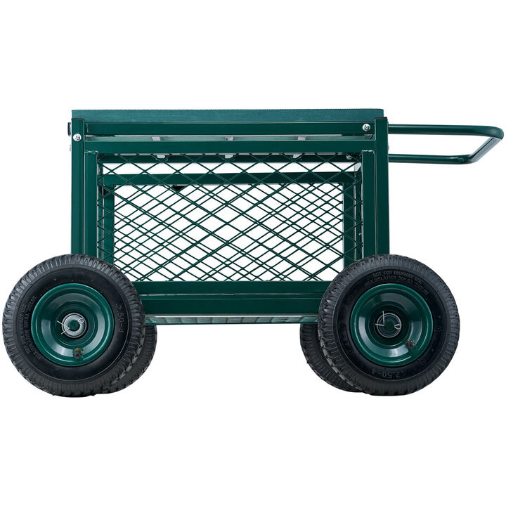Metal Garden Work Seat with Wheels, Rolling Outdoor Cart for Lawn and Patio