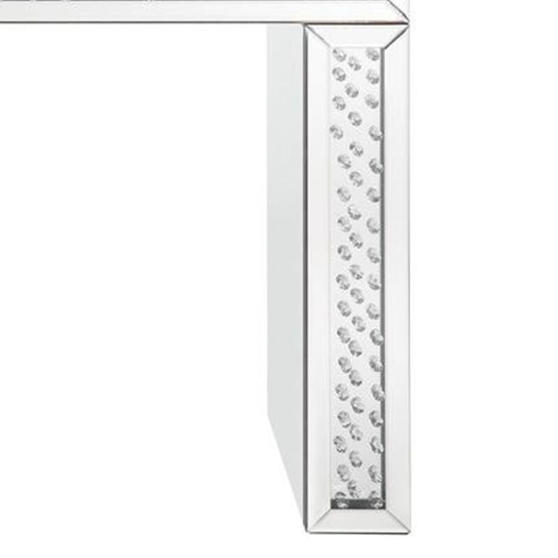 Mirror Accented Wood And Glass Vanity Desk With Faux Crystal Inlay, Silver image number 2