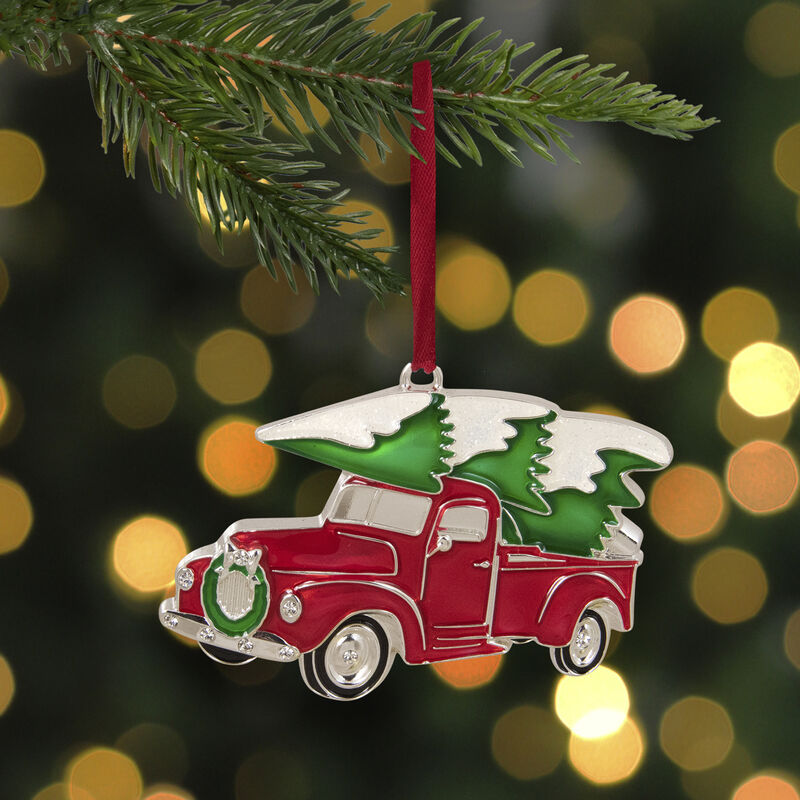 3.5" Red and Silver Country Pick Up Truck with European Crystals Christmas Ornament image number 1