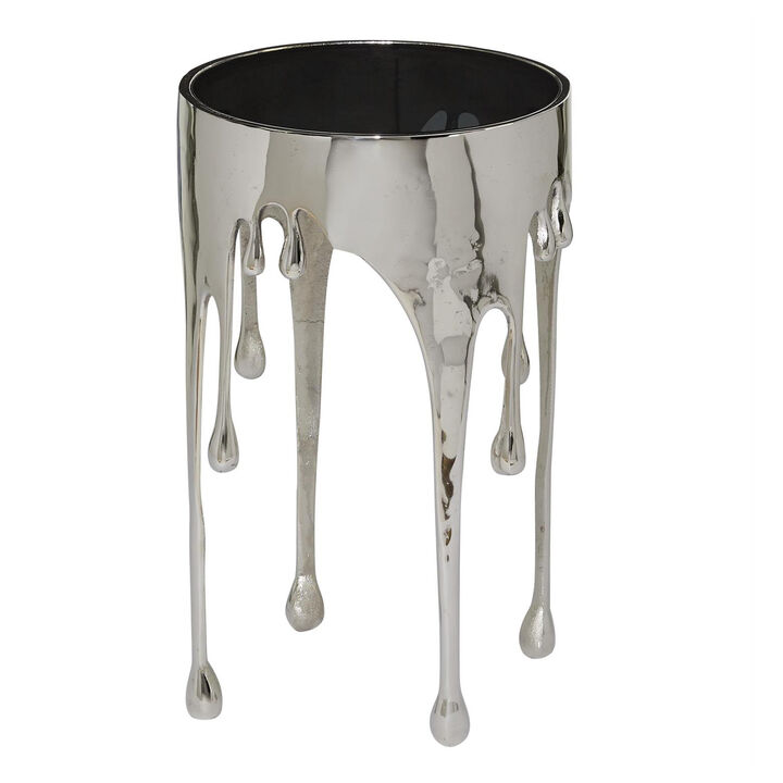 Capri Side End Table | 24.75 Inch Round Glass Top | Melting Drip Design | Silver