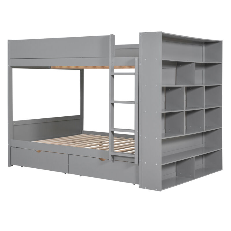 Full Over Full Bunk Bed With 2 Drawers And Multilayer Cabinet