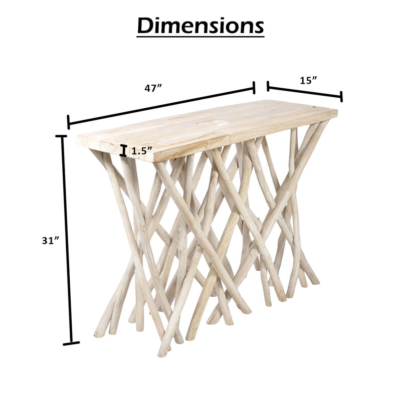 Kyra 47 Inch Sofa Console Table, Solid Teakwood Branch Legs, Whitewash Finish image number 3