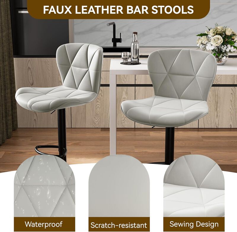Faux Leather Swivel Bar Stools Set of 2, Adjustable Counter Height Kitchen Chairs, Iron Frame High Backrest 360&deg; Barstools for Kitchen Counter, Outdoor image number 4