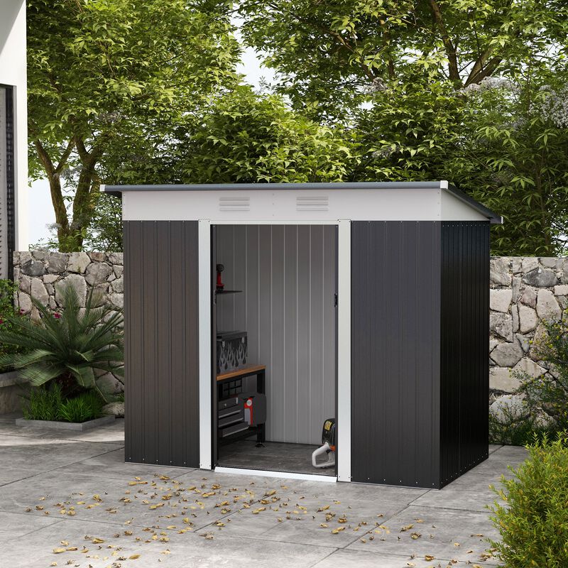 Outsunny 8' x 4' Metal Lean to Garden Shed, Outdoor Storage Shed, Garden Tool House with Double Sliding Doors, 2 Air Vents for Backyard, Patio, Lawn, Dark Gray