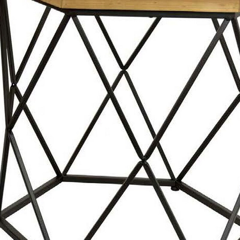 Gary Plant Stand Table Set of 2, Hexagonal Metal Frame, Glass Top, Black - Benzara