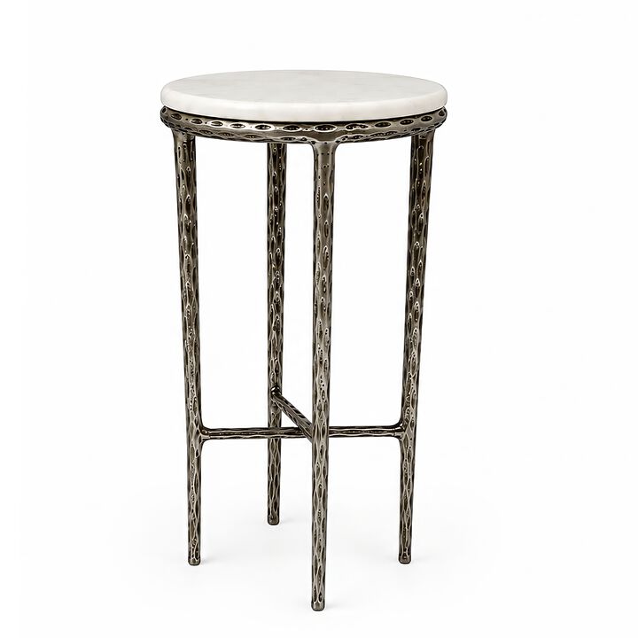 Minza Accent Side End Table, Modern Marble Round Top, Hand Forged, Hammered Antique Finish