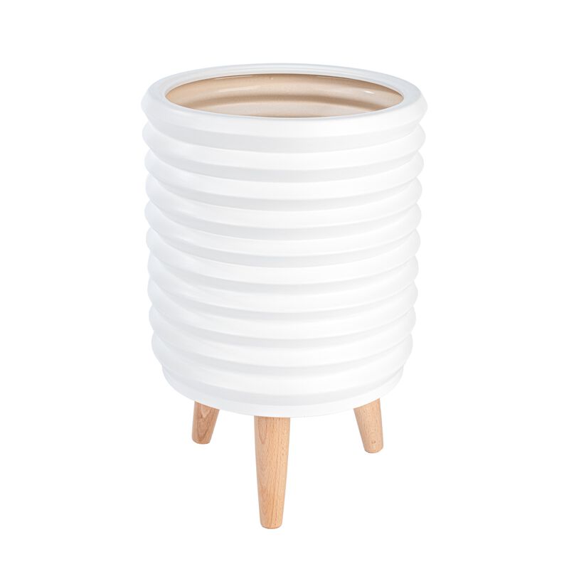 Groove Jr. Ceramic Planter w/beech wood legs-matte white