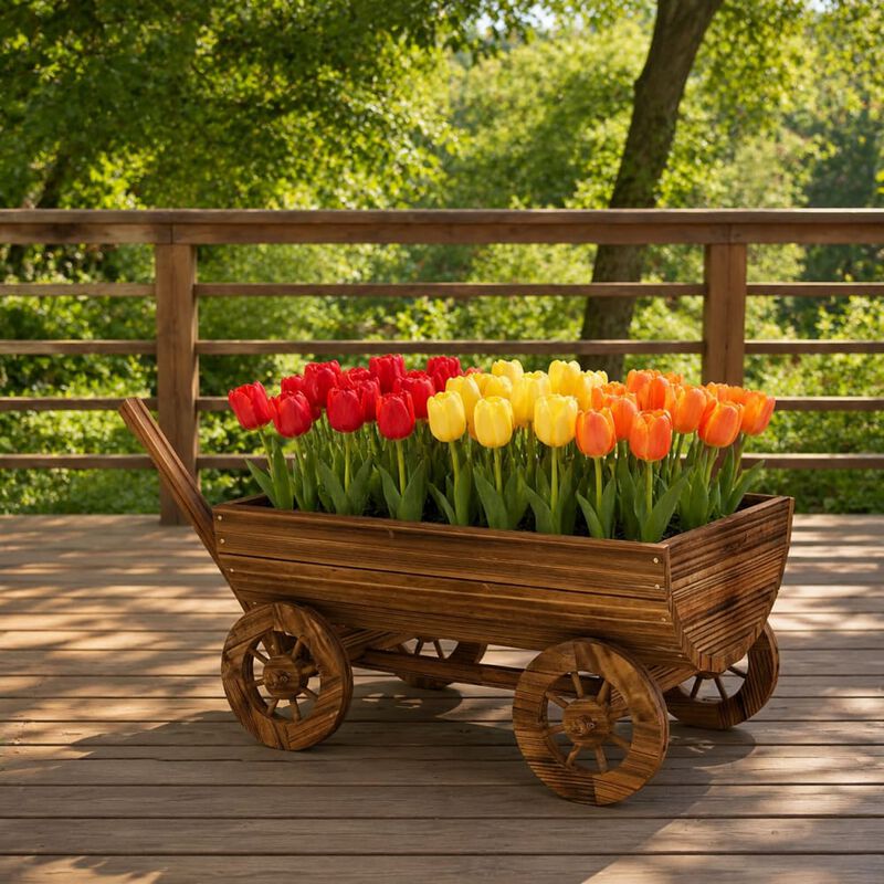 WOW PIONEER Rustic Wooden Wheelbarrow Wagon Planter, Mobile Elevated Garden Flower Cart with Drainage for Patio, Porch, Yard Use image number 2