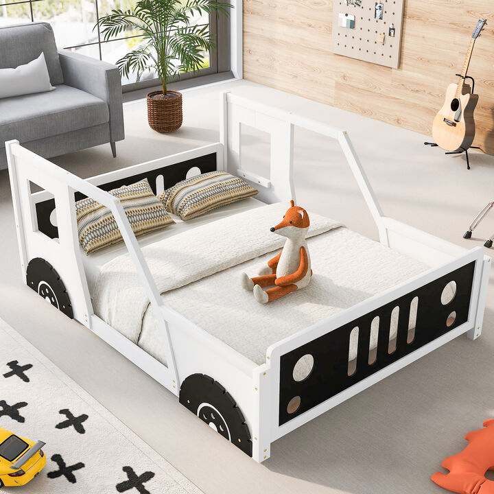 Whisen Full Size Classic Car-Shaped Platform Bed with Wheels - White