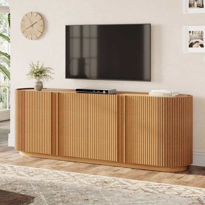 Merax Modern Fluted Media Console with 2 Adjustable Shelves, 4 Cable Holes, Rounded Edges