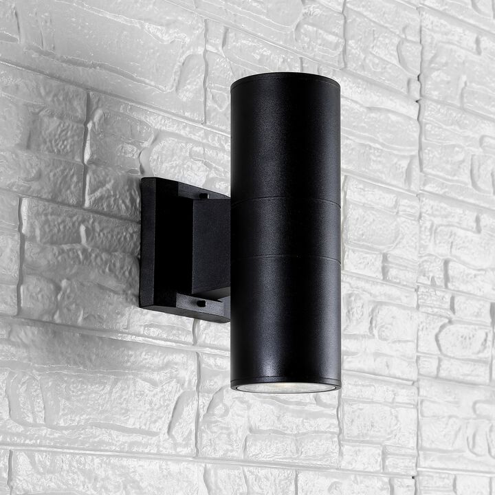 Duo 6" 2-Light Modern Midcentury Cylinder Outdoor Metal/Glass Integrated LED Wall Sconce with Uplight, Black