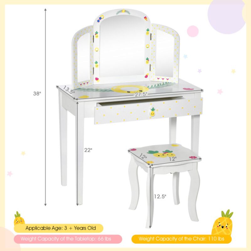Hivvago Kids Vanity Table Set with Tri-Folding Mirror and Large Drawer-White