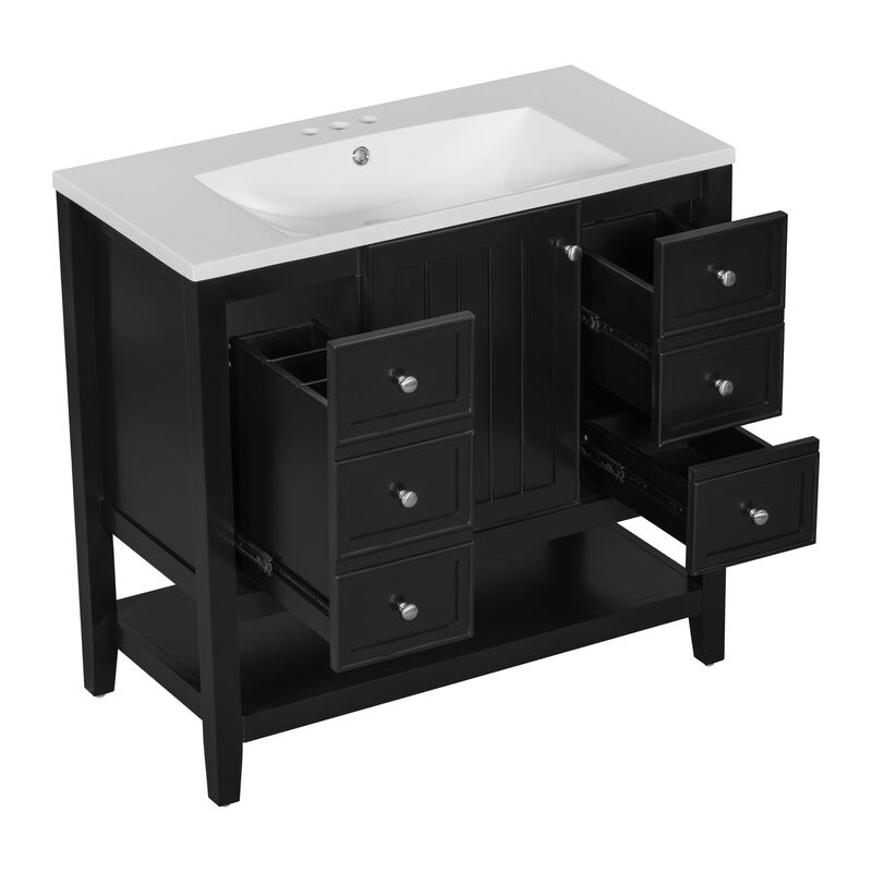 Whisen 36" Bathroom Storage Cabinet Bathroom Vanity with Ceramic Sink, One Cabinet and 3 Drawers