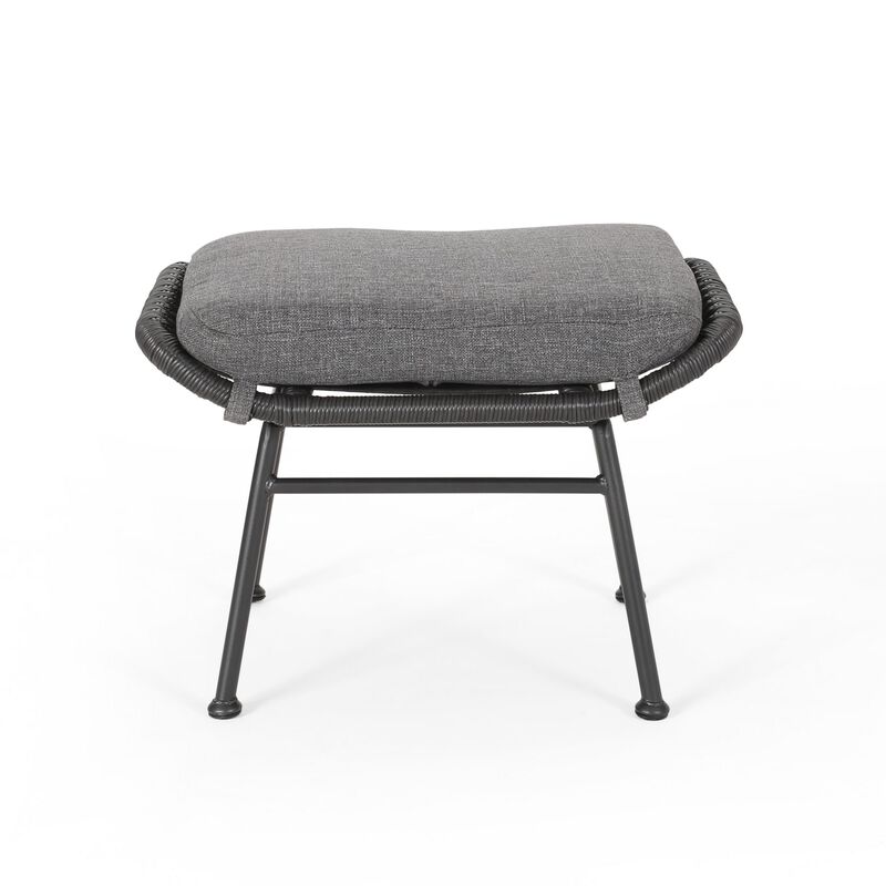 Margo Outdoor Ottoman Set of 2, 24 Inch Black Iron, Gray Cushion - Benzara