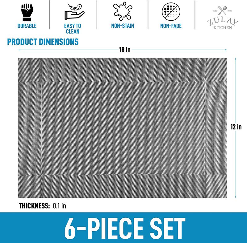 Vinyl Woven Washable Placemats for Dining - Table Set of 6