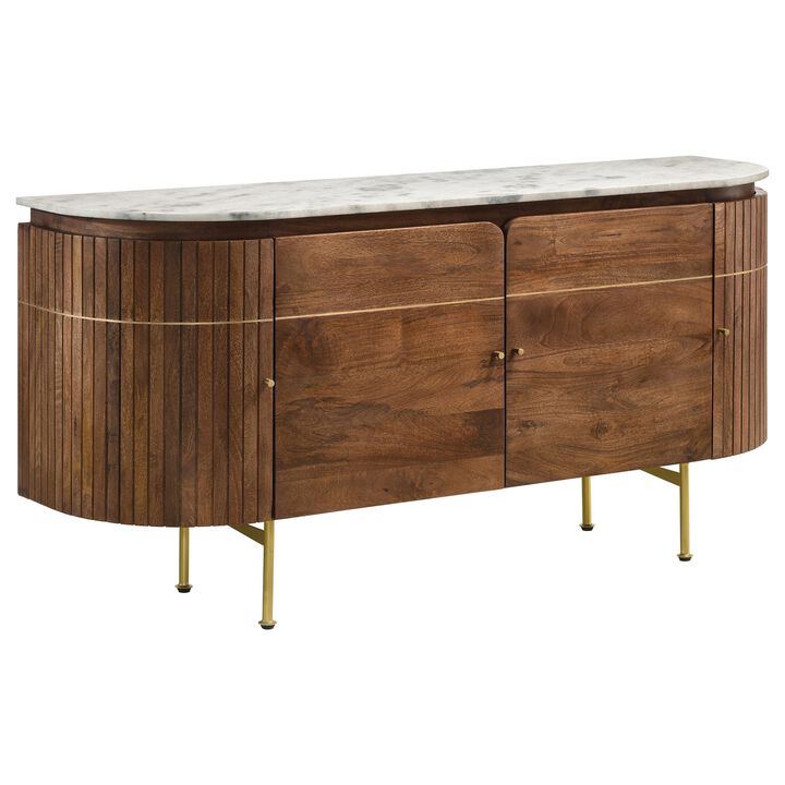 Evi 63 Inch Dining Sideboard Server, White Curved Marble Top, Brown, Brass