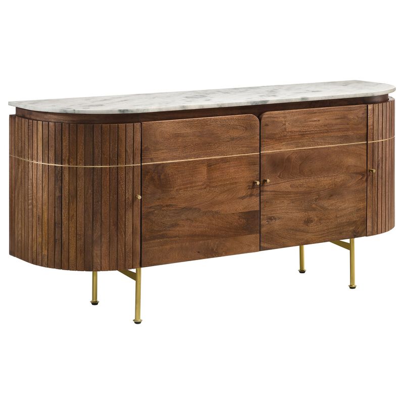 Evi 63 Inch Dining Sideboard Server, White Curved Marble Top, Brown, Brass image number 0