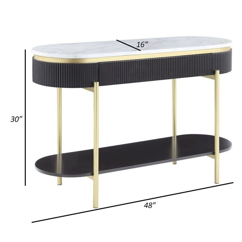 Ville 48 Inch Oblong Sofa Console Table, White Faux Marble Top, Reeded Edge