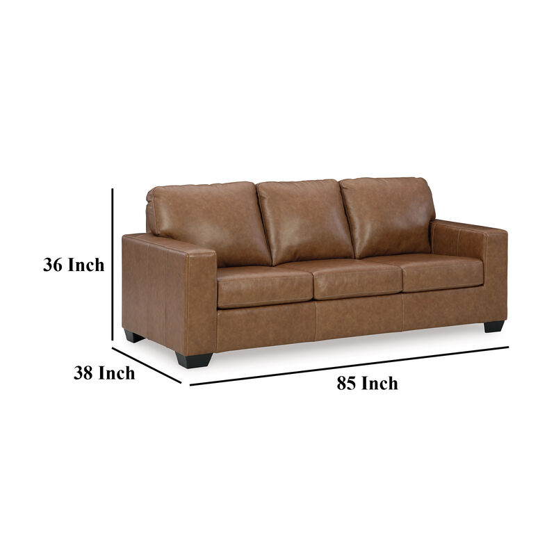 Miller Sofa, Brown Faux and Real Leather, Soft Cushions, 85 Inch