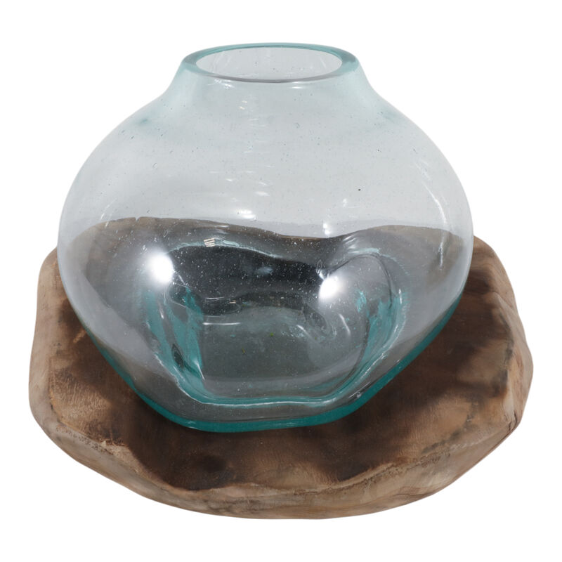 20x12" Glass Vase On Teak Wood, Clear/natural image number 4