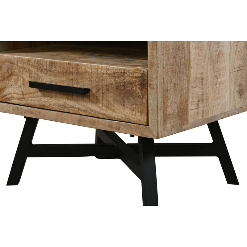 Bree 22 Inch Modern Rustic Single Drawer Nightstand, Brown Mango Wood Frame, Black Iron Angled Legs-Benzara