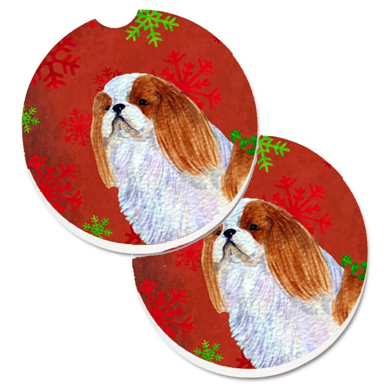 Caroline's Treasures English Toy Spaniel Red & green Snowflakes Holiday Christmas Set of 2 Cup Holder Car Coasters SS4714CARC, 2.56, Multicolor image number 0