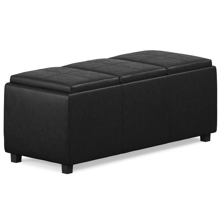 Avalon 42 inch Wide Contemporary Rectangle Storage Ottoman in Distressed Black Vegan Faux Leather, Assembled