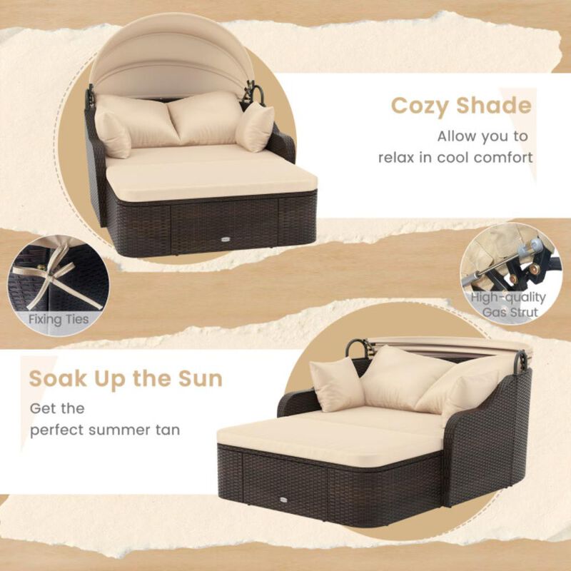 Hivvago Patio PE Rattan Daybed with Retractable Canopy and Soft Cushions