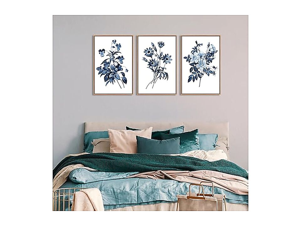Large Framed Canvas Wall Art Natural Float Indigo Flowers Picturtes Living Decor