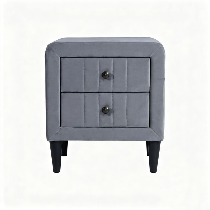 20" Assembled Velvet Nightstand 2-Drawer Gray Tapered Legs image number 6