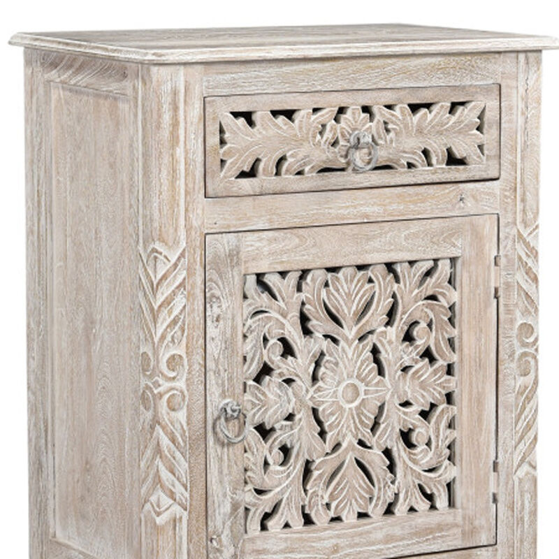 HomeRoots 30" Distressed White One Drawer Carved Floral Solid Wood Nightstand image number 5