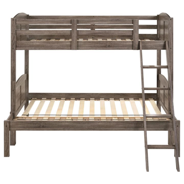 Twin over Full Bunk Bed Set, Slatted Guard Rails, Weathered Brown Wood - Benzara