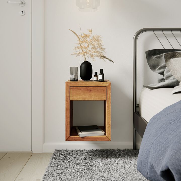 Narrow Unfinished Mid-Century Modern Solid Oak Wood Floating Nightstand with Drawer - Bedside Table for Bedroom