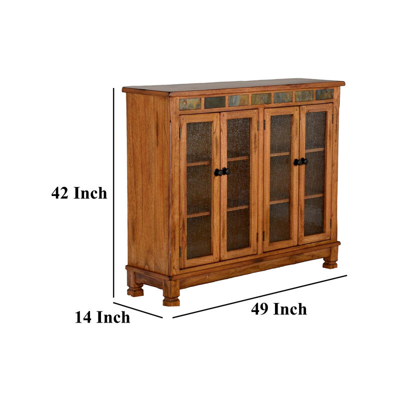 Marv Bookcase Cabinet, 4 Waterfall Glass Doors Slate Inlay Light Brown - Benzara