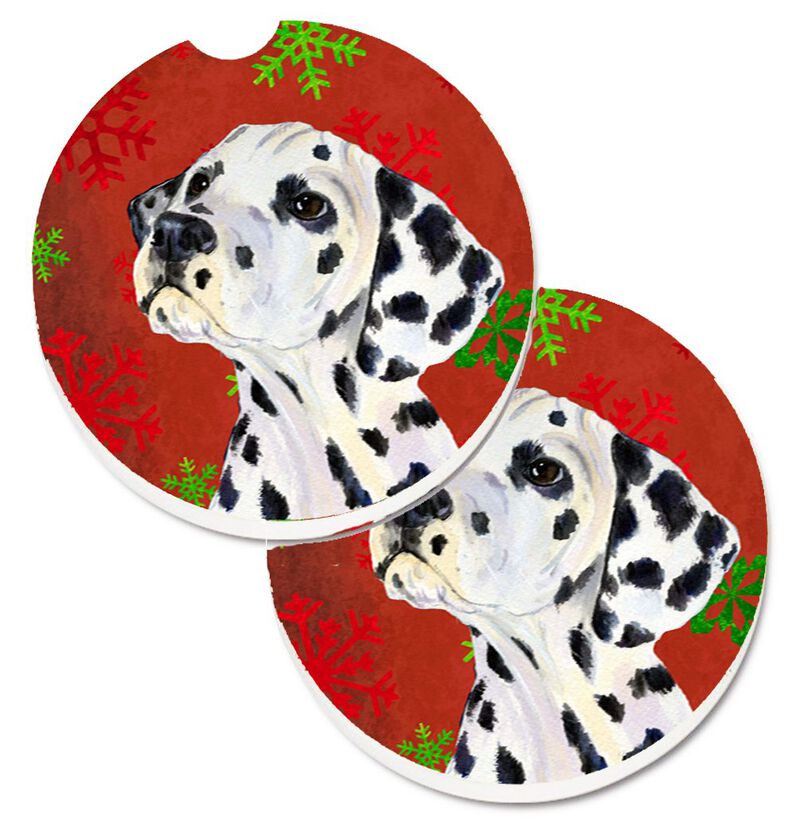 Caroline's Treasures Dalmatian Red & green Snowflakes Holiday Christmas Set of 2 Cup Holder Car Coasters SS4699CARC, 2.56, Multicolor image number 0