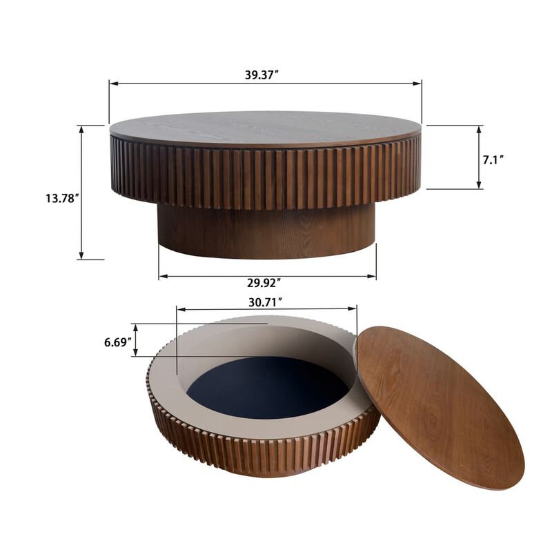 Round coffee table with storage Solid wood veneer and MDF coffee table with fluted base Modern accent coffee table for living room image number 2