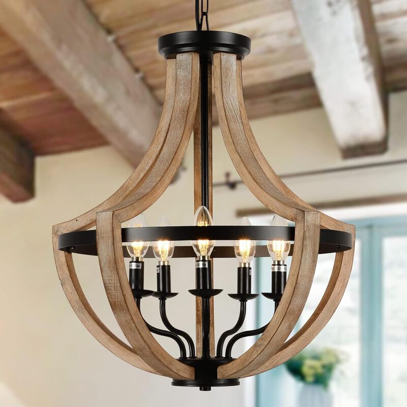 ELEMENT ACE 19 Inch 5-Light Height Adjustable Farmhouse Chandelier, Dual Use as Pendant or Flush Mount Light for Dining Room, Kitchen Island, Living Room, Bedroom & Foyer image number 1